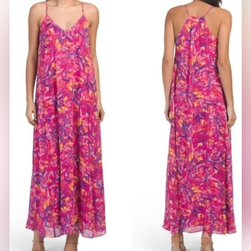 Nicole Miller Floral Charmeuse Slip Maxi Dress, Size S